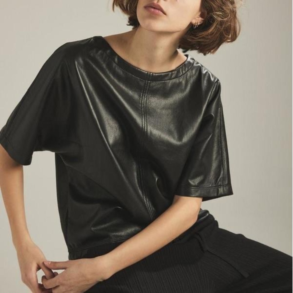 Melissa Nepton Quinn W6699 Faux Leather Batwing Sleeve Top Black S NWT